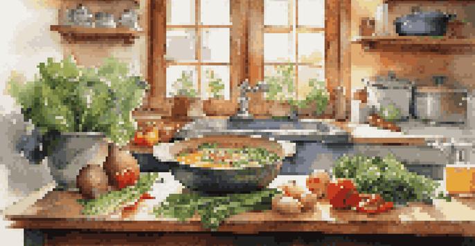 A bright kitchen filled with fresh vegetables and a pot of soup, capturing the essence of healthy cooking.