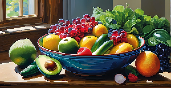 A colorful bowl of fresh fruits and vegetables on a wooden table, highlighting healthy eating.