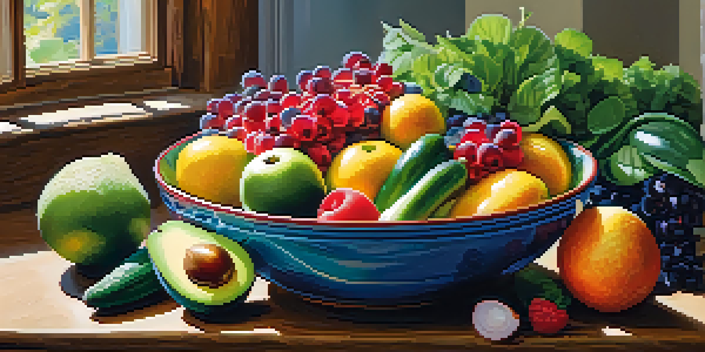 A colorful bowl of fresh fruits and vegetables on a wooden table, highlighting healthy eating.
