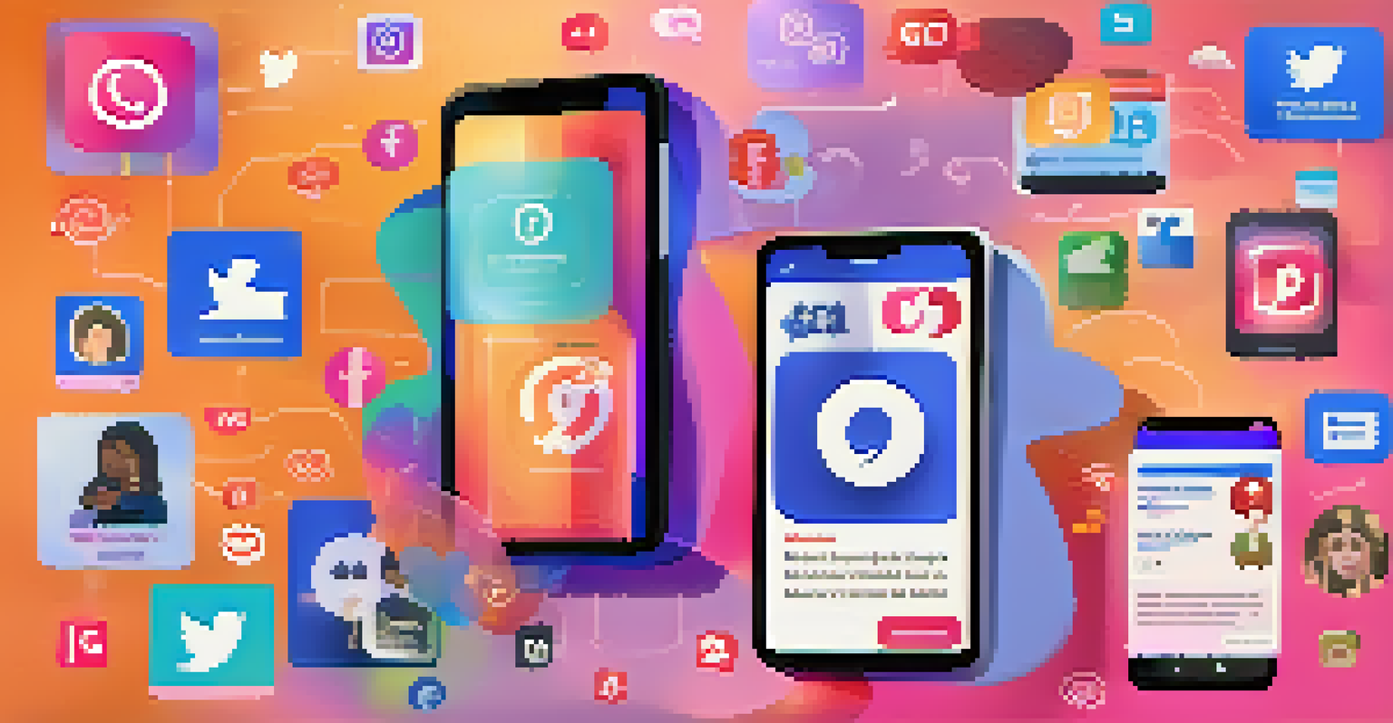 A smartphone displaying a social media feed focused on mental health awareness, with colorful posts and hashtags.