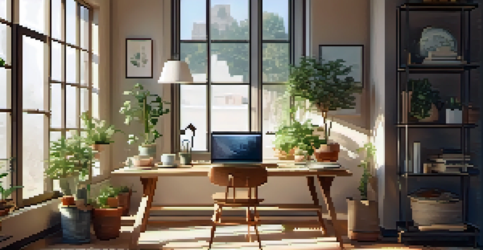 A peaceful workspace with a wooden desk, laptop, potted plants, and a cup of herbal tea, illuminated by soft natural light.