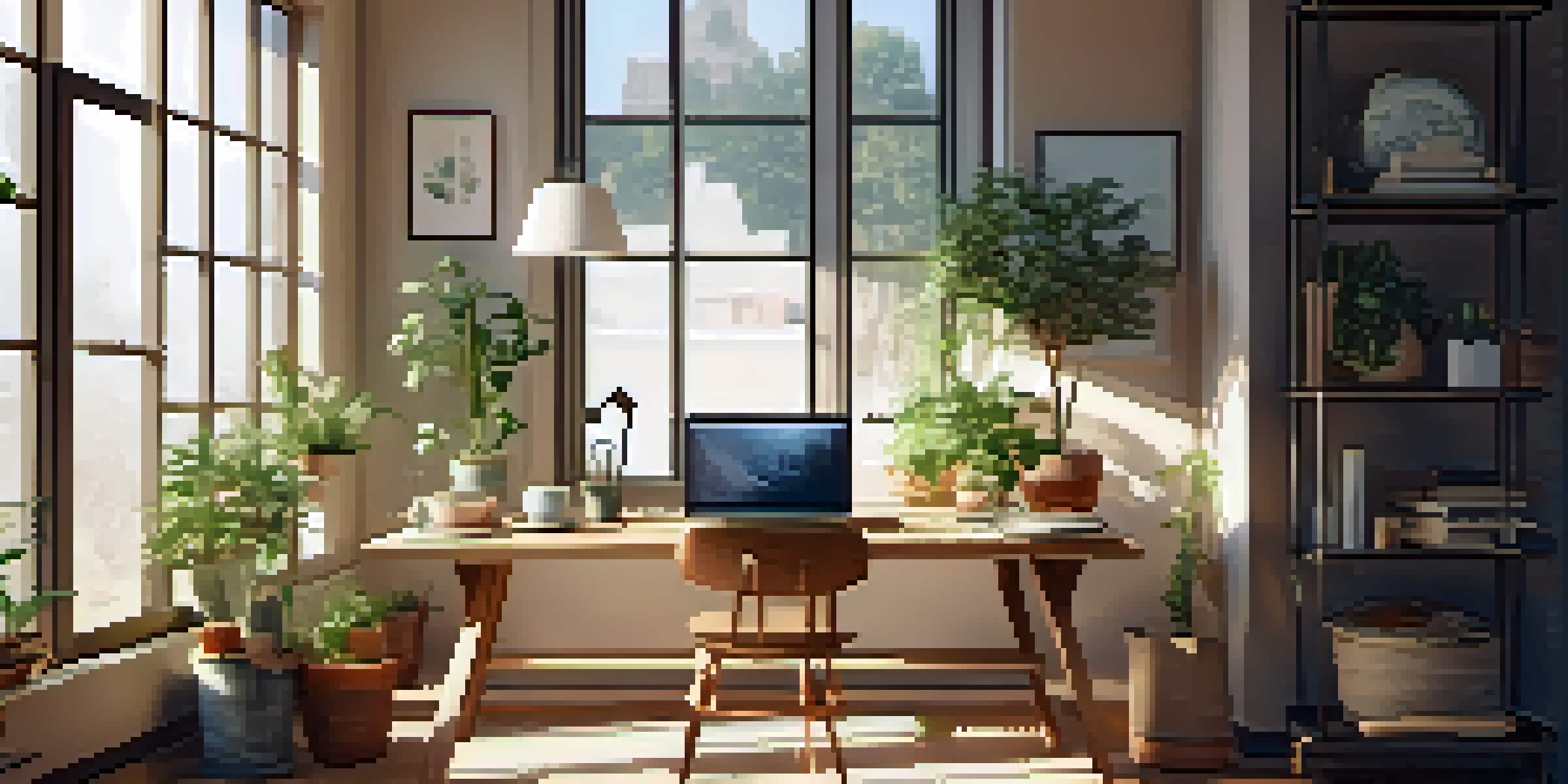 A peaceful workspace with a wooden desk, laptop, potted plants, and a cup of herbal tea, illuminated by soft natural light.