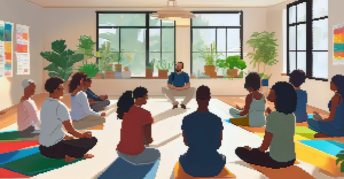 A diverse group of employees in a bright, welcoming room engaged in a mindfulness session, surrounded by plants and colorful health posters.