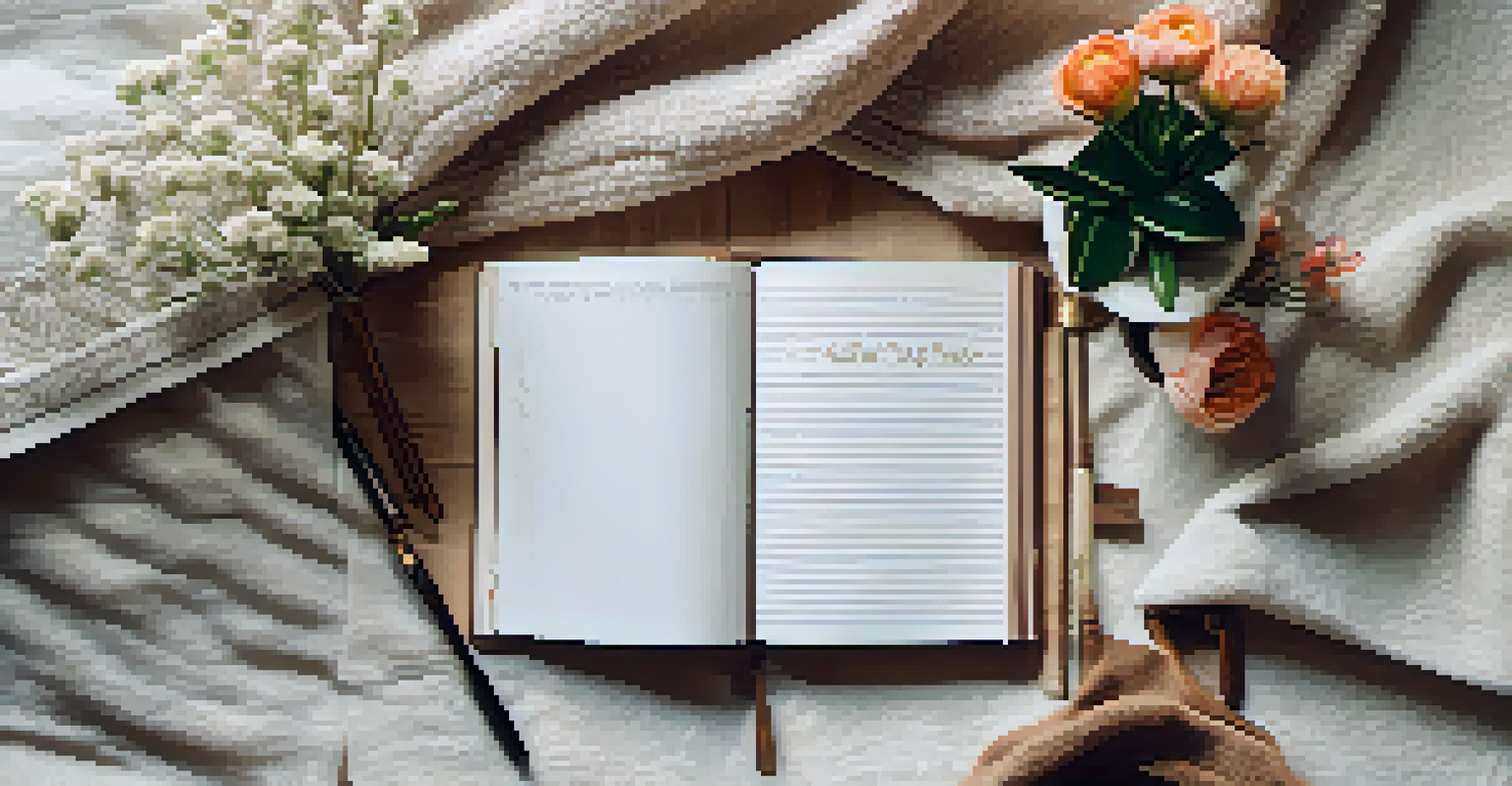 A gratitude journal with handwritten notes on a blanket, accompanied by a pen and a vase of flowers, illuminated by soft natural light.