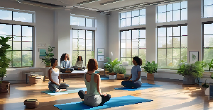 A group of diverse employees participating in a wellness workshop in a bright office space filled with plants and natural light.