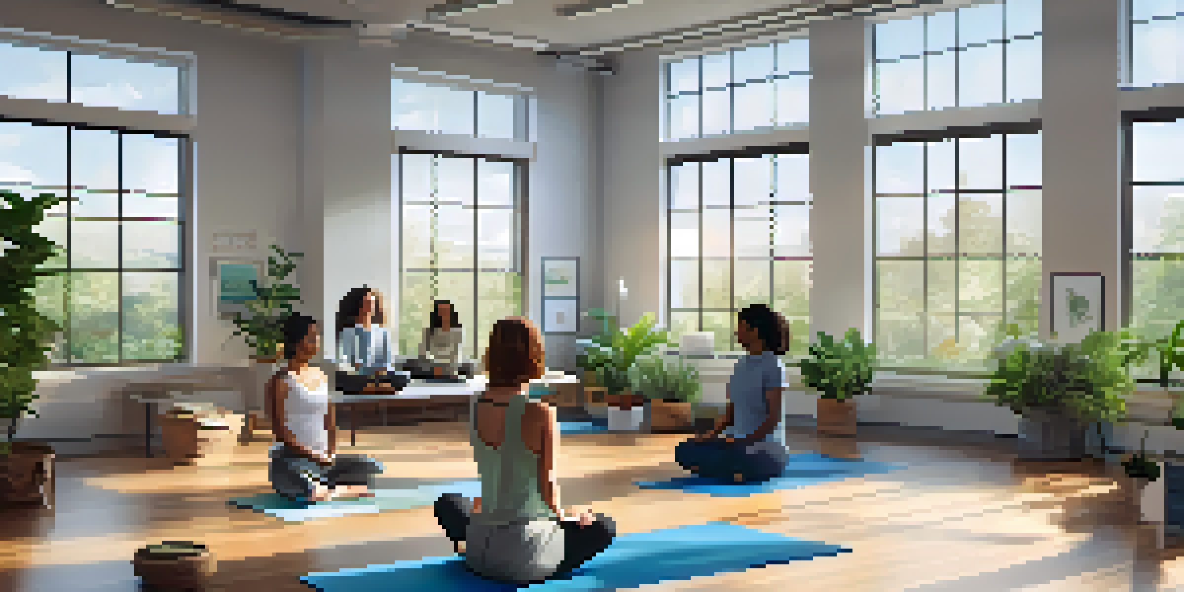 A group of diverse employees participating in a wellness workshop in a bright office space filled with plants and natural light.