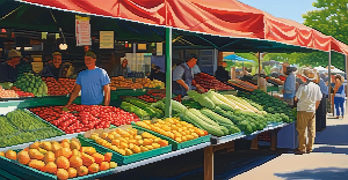 A lively farmer's market filled with fresh, colorful fruits and vegetables, with local farmers interacting with customers under dappled sunlight.