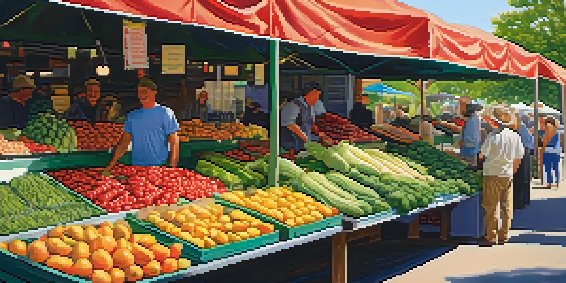A lively farmer's market filled with fresh, colorful fruits and vegetables, with local farmers interacting with customers under dappled sunlight.