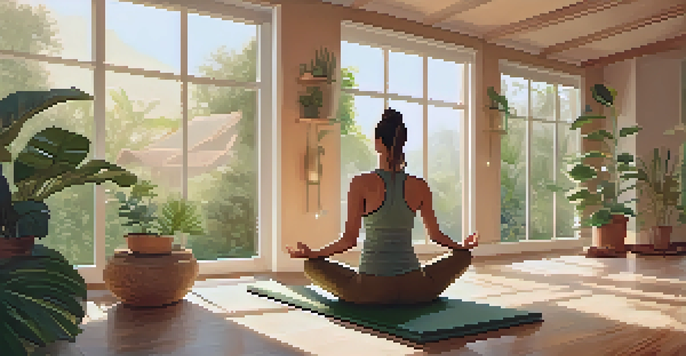 A person practicing yoga in a tranquil studio filled with plants and soft morning light, showcasing a serene atmosphere.