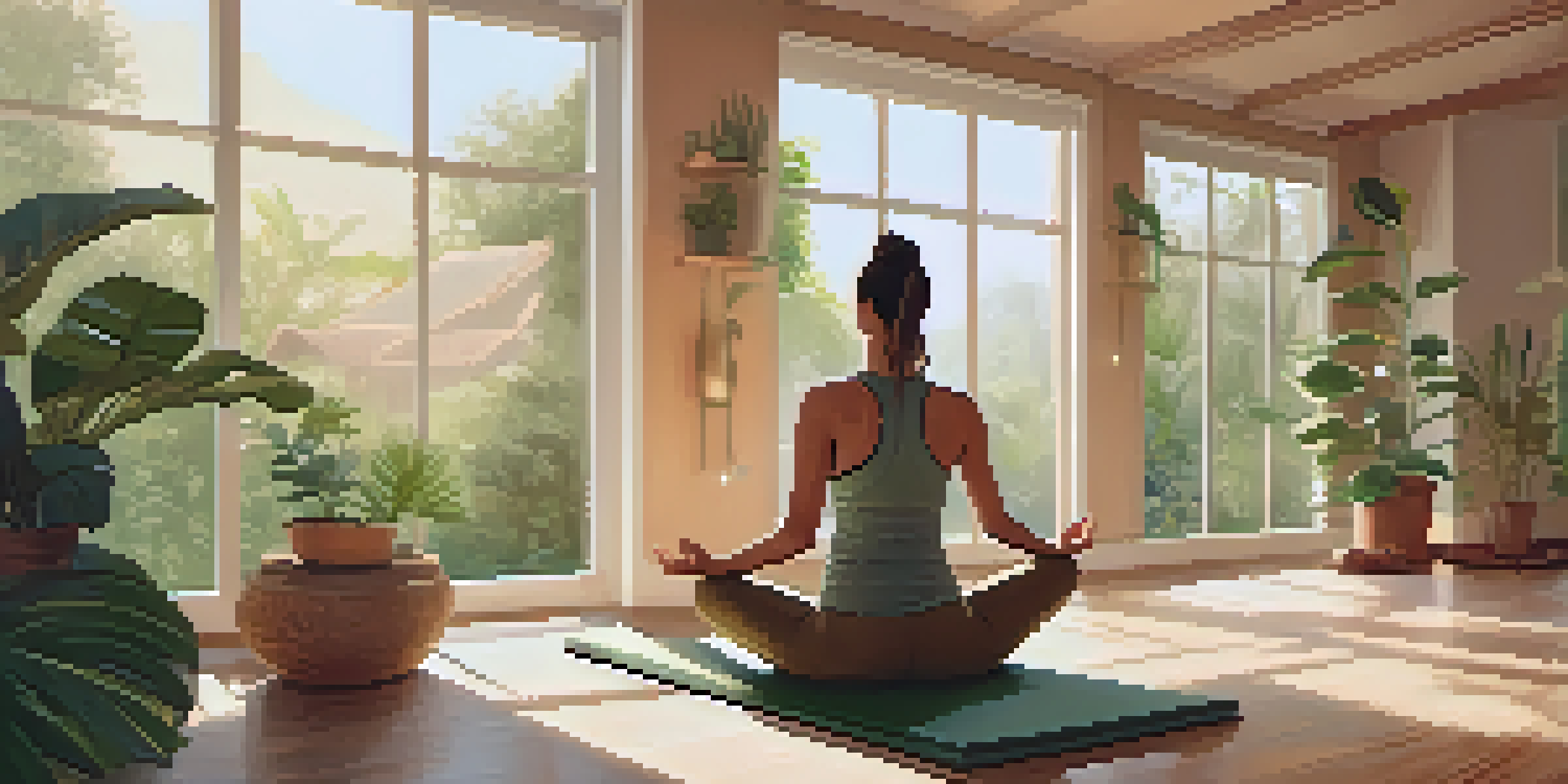 A person practicing yoga in a tranquil studio filled with plants and soft morning light, showcasing a serene atmosphere.