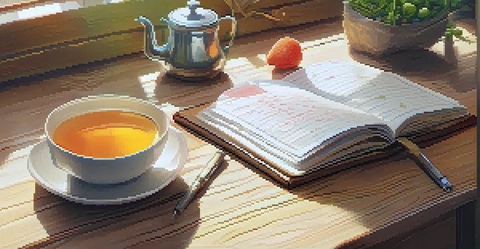 An open food diary with colorful writing and illustrations of fruits and vegetables, accompanied by a cup of herbal tea on a wooden table, illuminated by soft morning light.