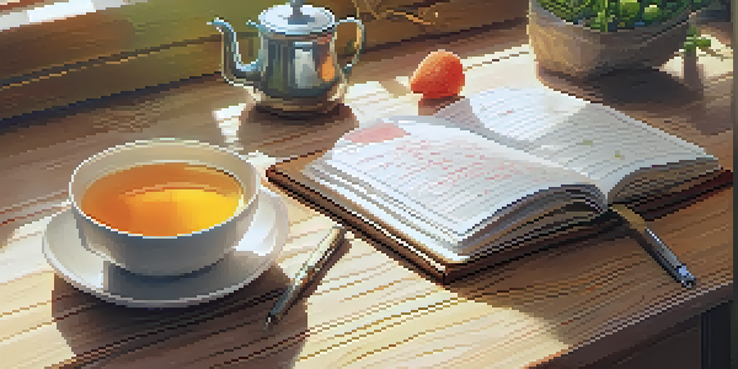 An open food diary with colorful writing and illustrations of fruits and vegetables, accompanied by a cup of herbal tea on a wooden table, illuminated by soft morning light.