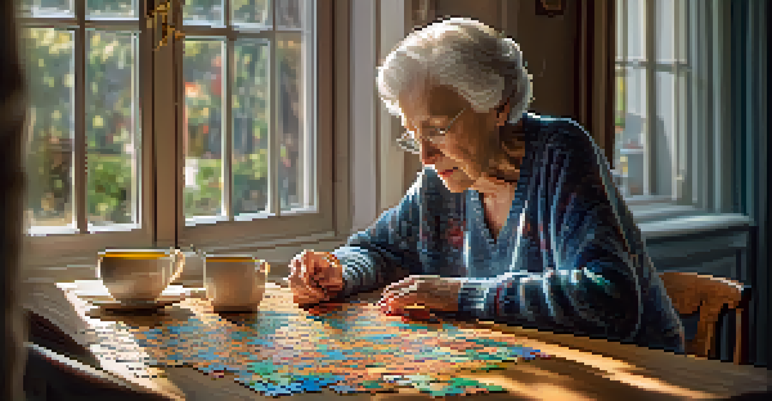 An elderly woman solving a jigsaw puzzle at a table filled with colorful pieces.