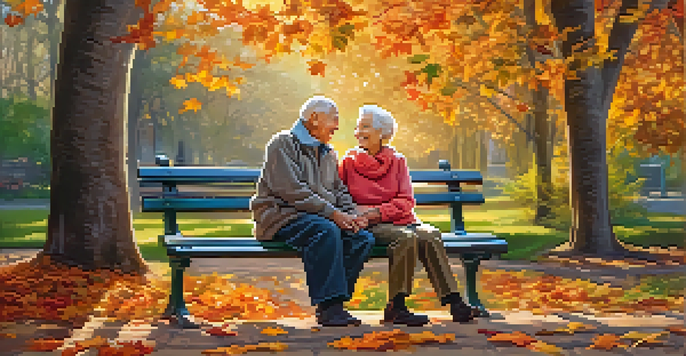 An elderly couple sitting on a park bench in autumn, smiling and holding hands amidst colorful leaves and warm sunlight.