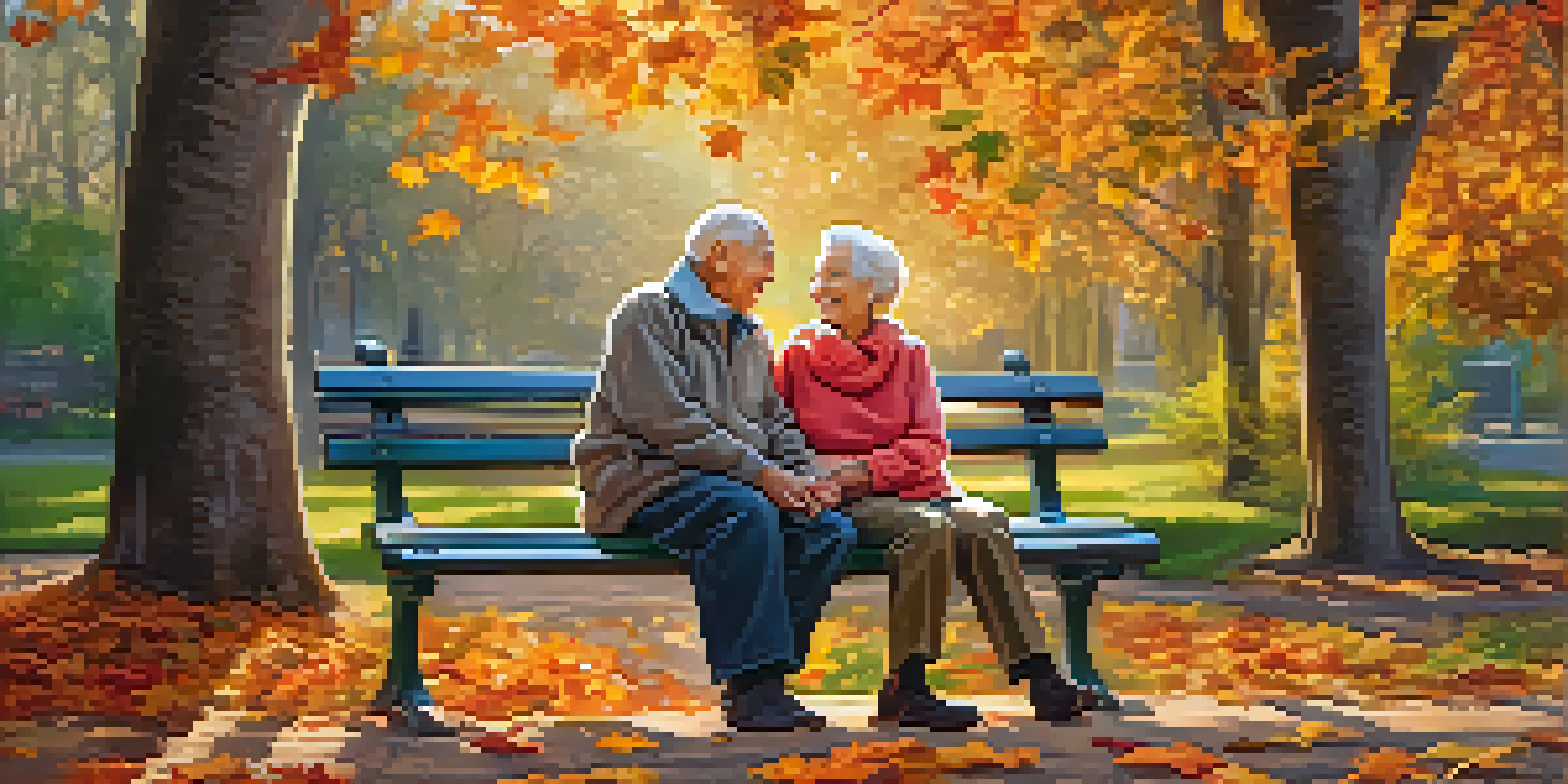 An elderly couple sitting on a park bench in autumn, smiling and holding hands amidst colorful leaves and warm sunlight.