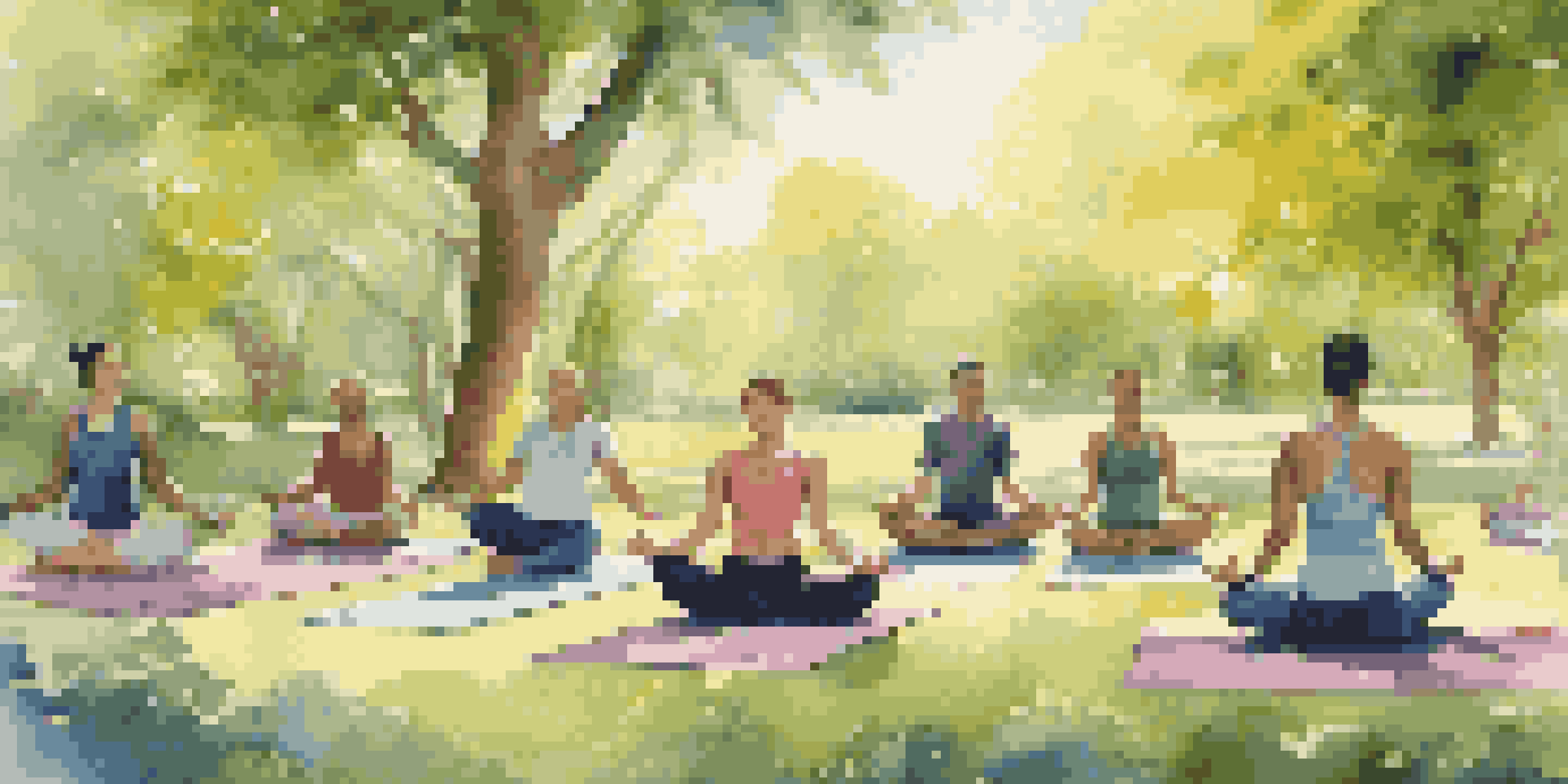A diverse group of people practicing yoga in a sunlit park, surrounded by greenery, engaging in various poses on colorful mats.