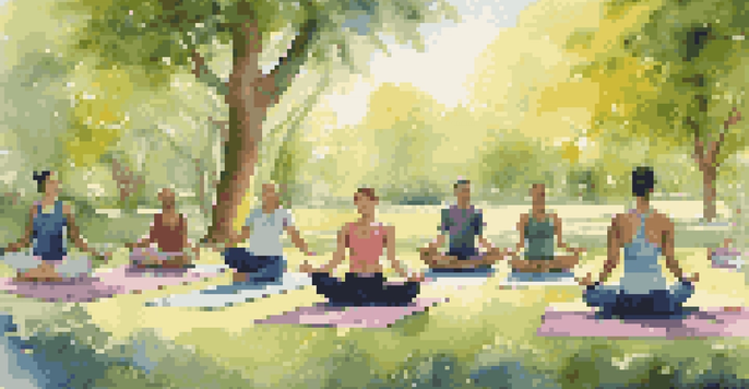 A diverse group of people practicing yoga in a sunlit park, surrounded by greenery, engaging in various poses on colorful mats.