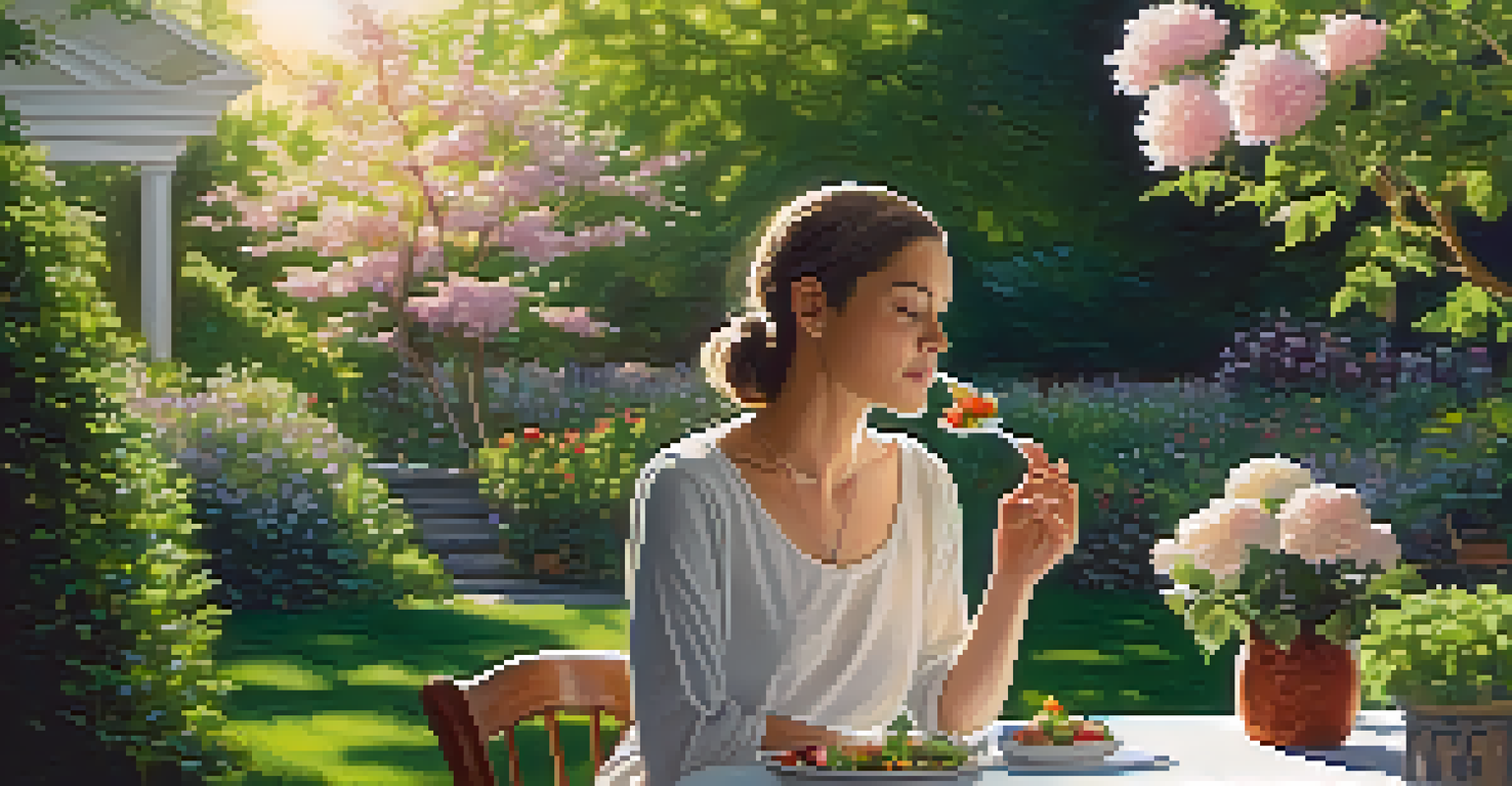 A woman enjoying a healthy meal in a tranquil garden setting, surrounded by flowers and greenery.