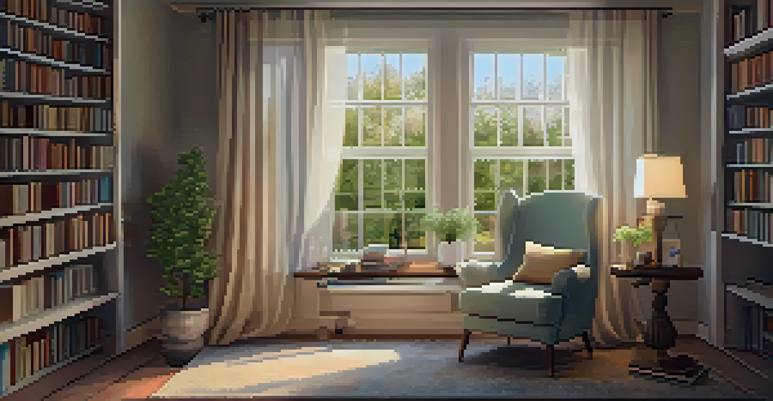 A cozy reading nook with an armchair, books on a shelf, and warm lighting, perfect for relaxation and mindfulness.