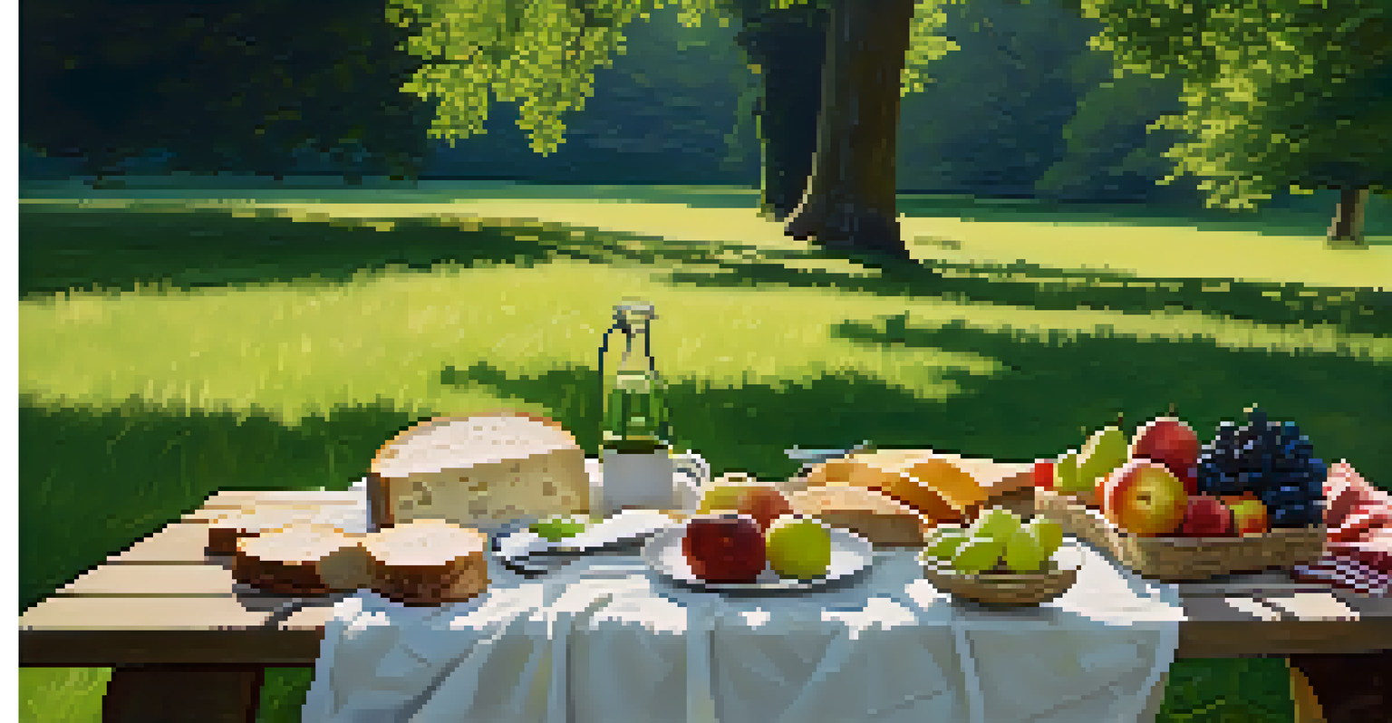 An outdoor picnic scene with a blanket, whole foods, and fresh fruits on green grass under soft light.