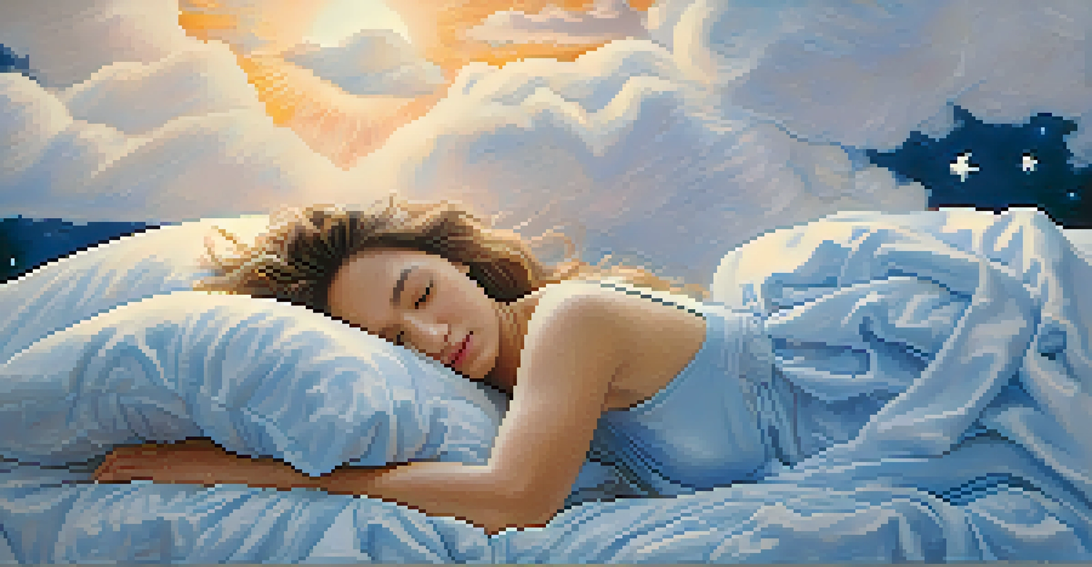 A person sleeping peacefully surrounded by floating stars and clouds, depicted in soft pastel colors.