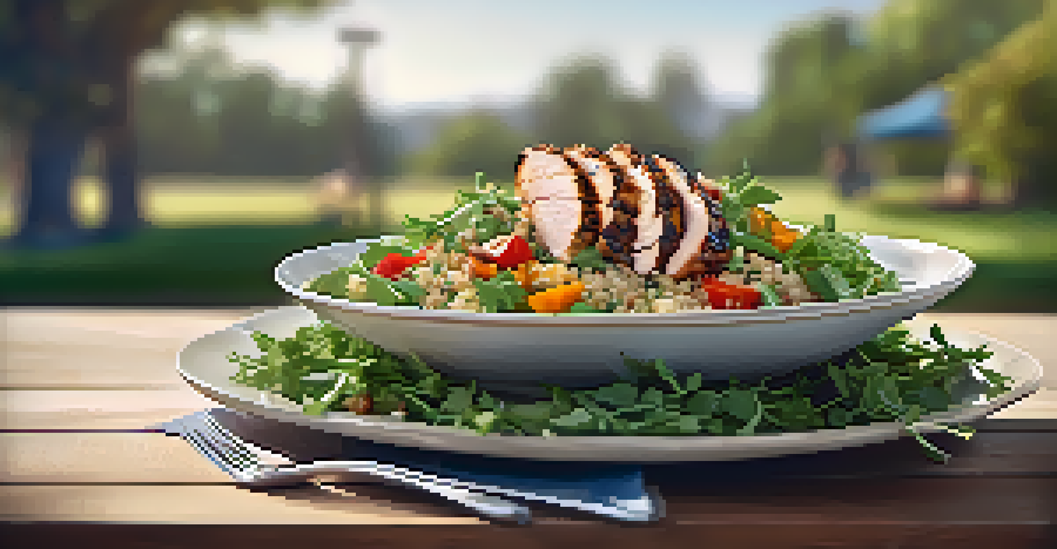 A close-up of quinoa salad with grilled chicken, arugula, and seasonal vegetables, set against a sunny outdoor picnic background.