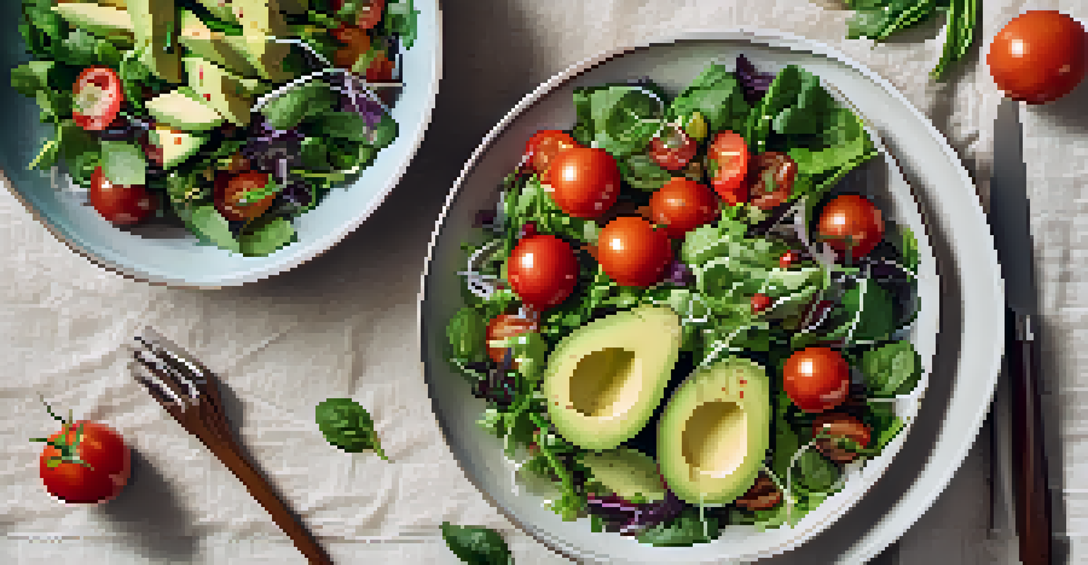 An overhead view of a colorful salad bowl with greens, tomatoes, and avocado, accompanied by wooden utensils on a light tablecloth.