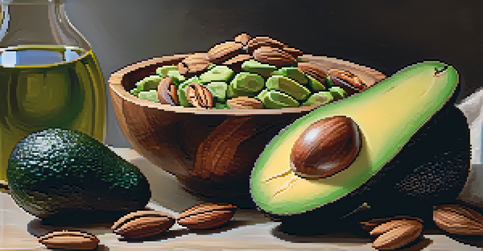 A rustic bowl filled with avocados, nuts, and seeds against a softly blurred green background.