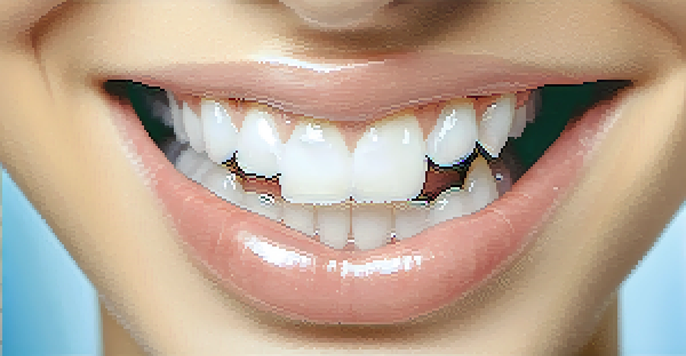 A close-up of a healthy mouth with bright teeth and pink gums, surrounded by a soft blue gradient background.