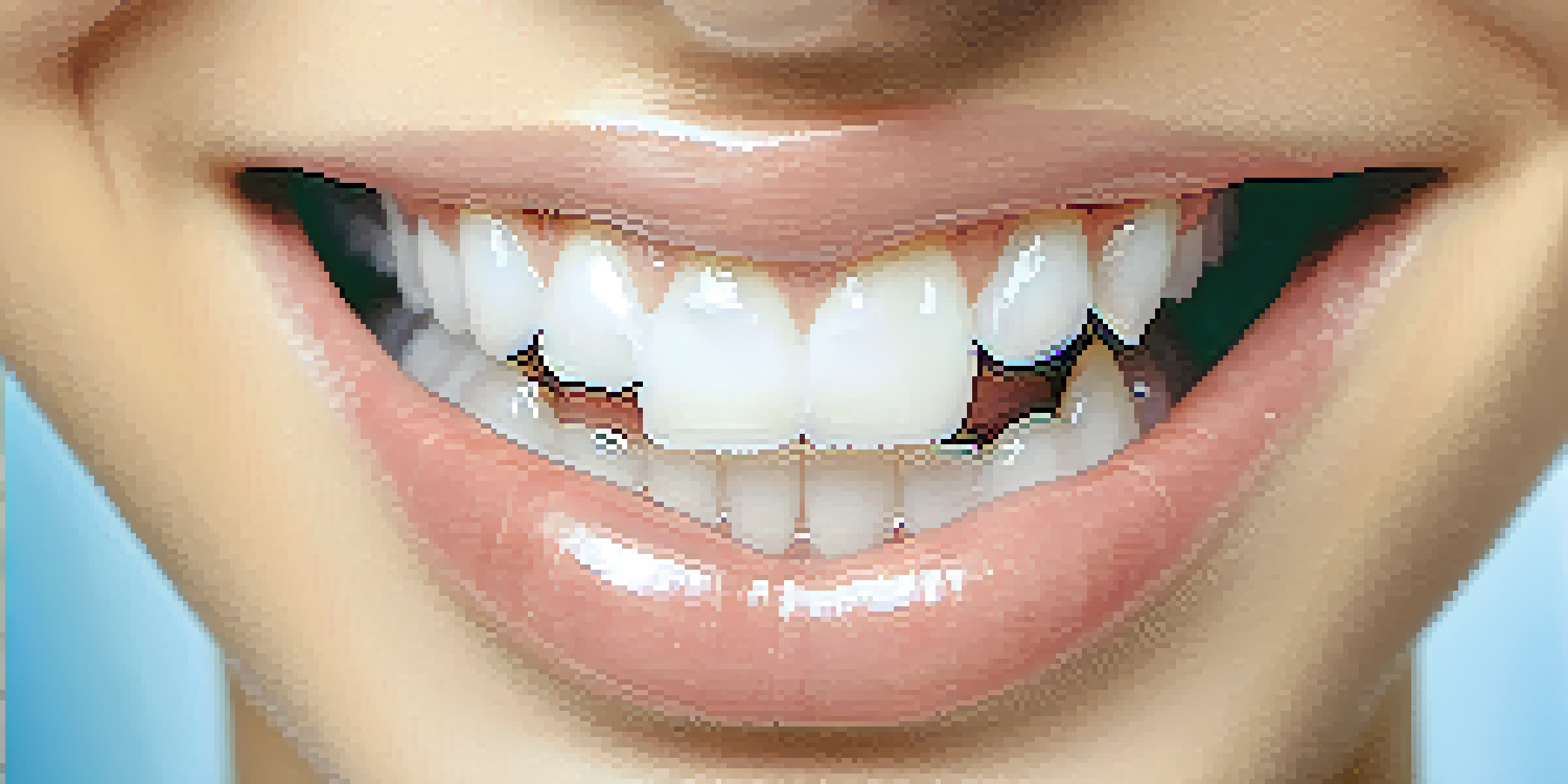 A close-up of a healthy mouth with bright teeth and pink gums, surrounded by a soft blue gradient background.