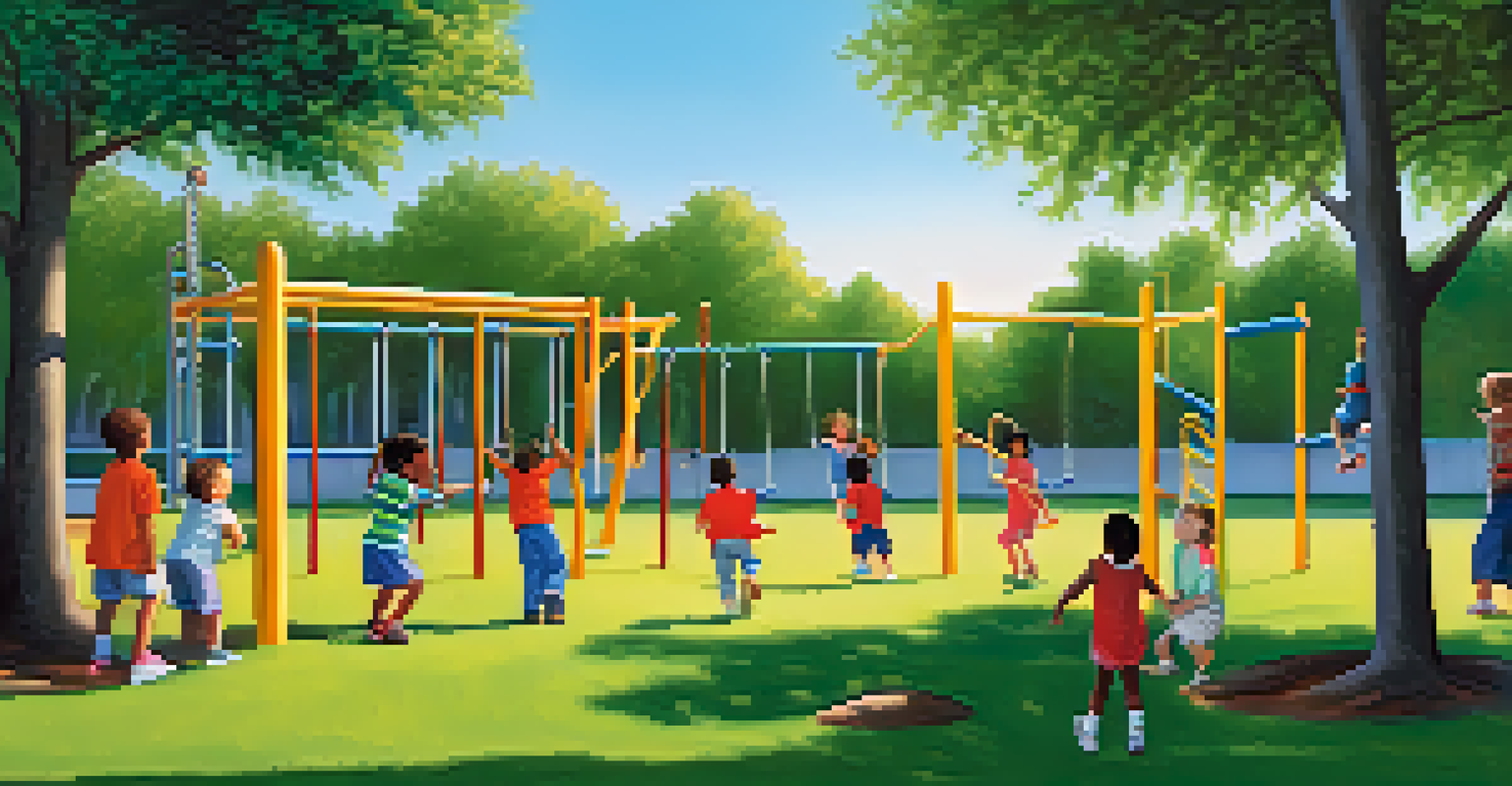 Diverse children playing and helping each other on a jungle gym in a sunny park.