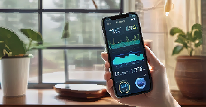 A smartphone displaying a digital health app with health metrics in a cozy home setting.