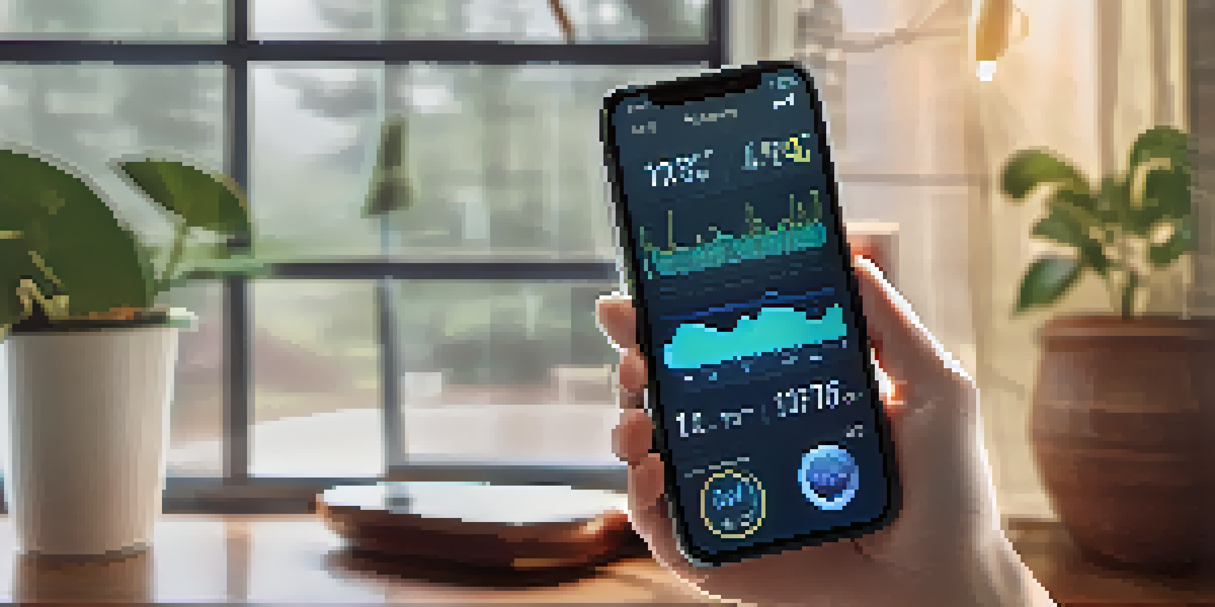 A smartphone displaying a digital health app with health metrics in a cozy home setting.
