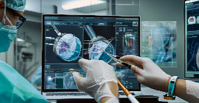 A close-up of a surgeon's hands working with surgical instruments guided by augmented reality on a wrist monitor.