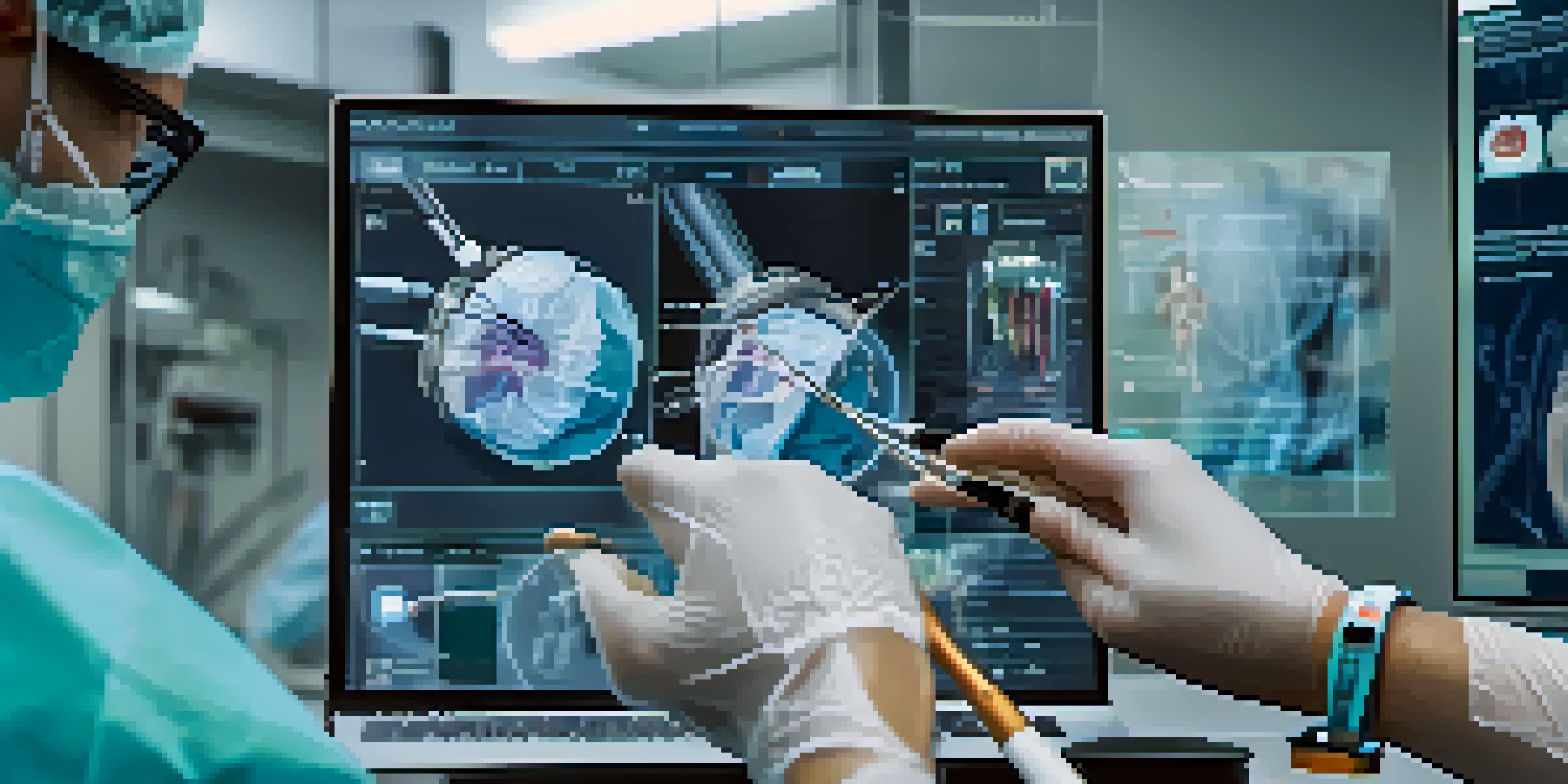 A close-up of a surgeon's hands working with surgical instruments guided by augmented reality on a wrist monitor.