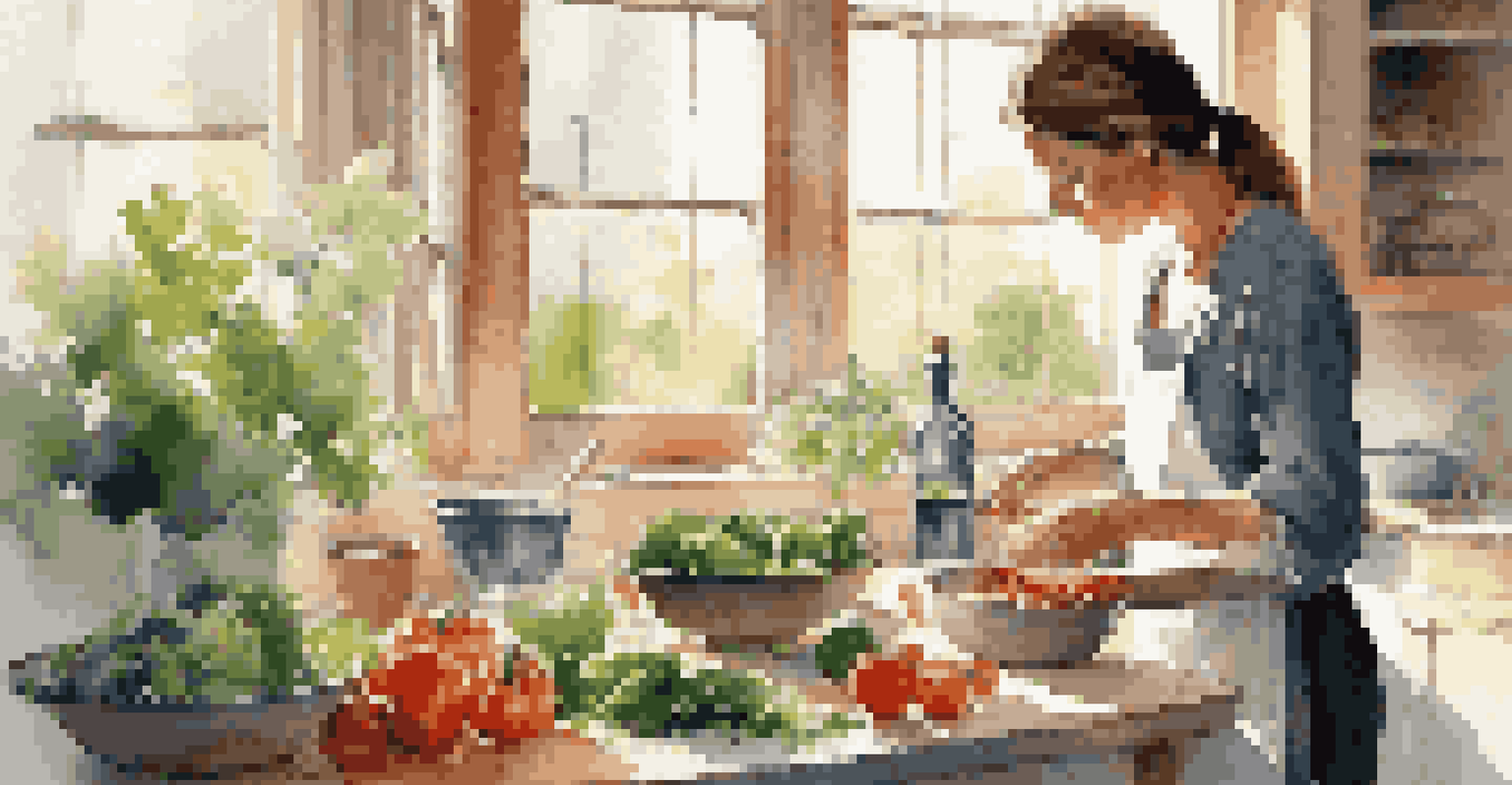A woman cooking in a bright kitchen, chopping vegetables with a bowl of quinoa and water nearby, illuminated by sunlight.