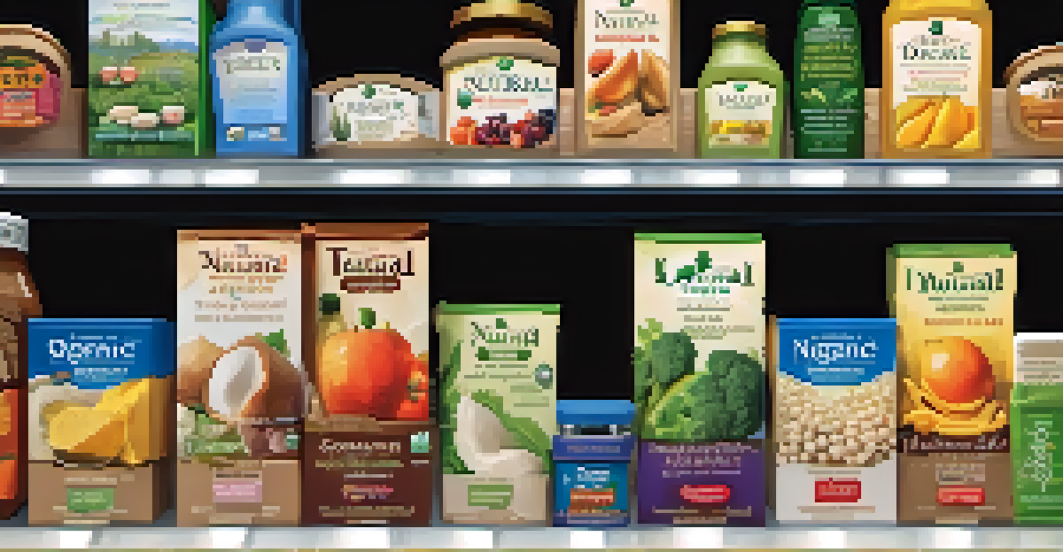 A grocery store shelf displaying various food products labeled as natural and organic, focusing on ingredient lists.