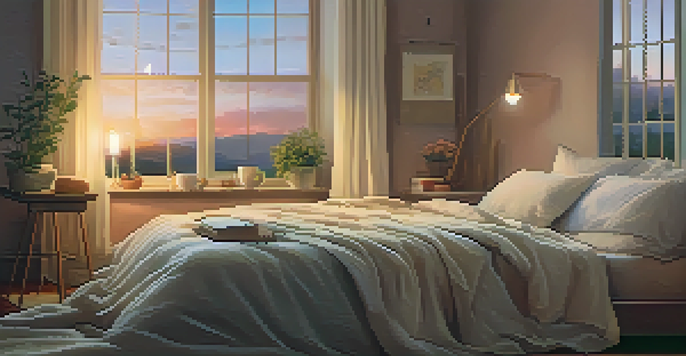 A cozy bedroom at dusk with dim lighting, comfortable bedding, and a cup of herbal tea on a bedside table, capturing a tranquil atmosphere.