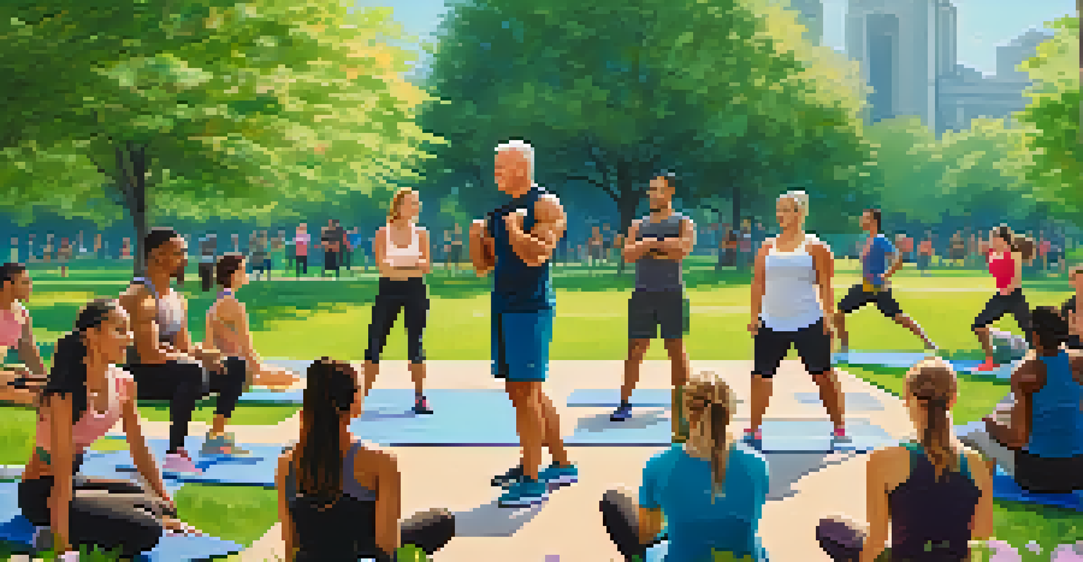 A health coach leading a group fitness class in a scenic park, with greenery and a blue sky in the background.