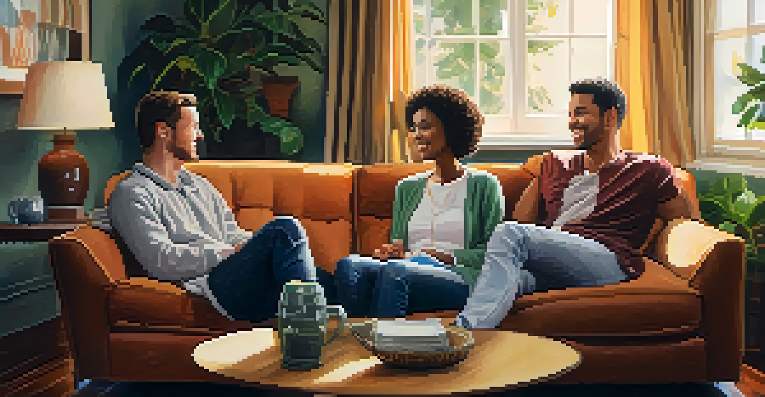 Two friends sitting on a couch in a cozy living room, having a heartfelt conversation with warm lighting around them.