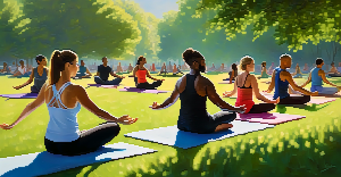 A diverse group of individuals practicing yoga in a sunlit park, surrounded by greenery and flowers, conveying a sense of peace and wellness.