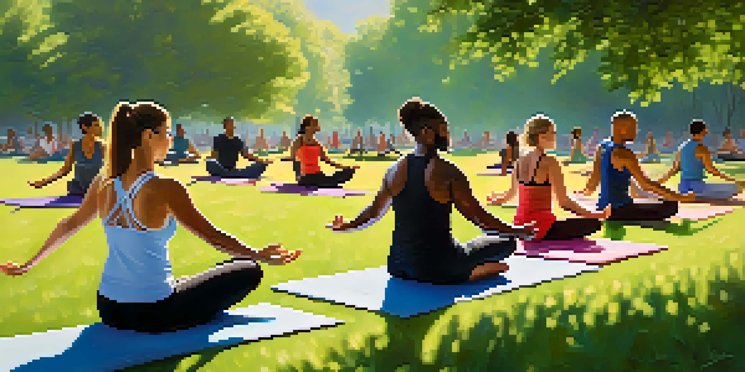 A diverse group of individuals practicing yoga in a sunlit park, surrounded by greenery and flowers, conveying a sense of peace and wellness.