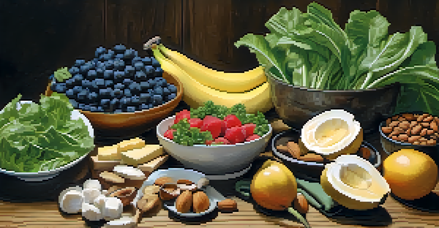 A plate filled with healthy foods promoting sleep and brain health, including turkey, bananas, leafy greens, nuts, and fatty fish, beautifully arranged on a rustic table.