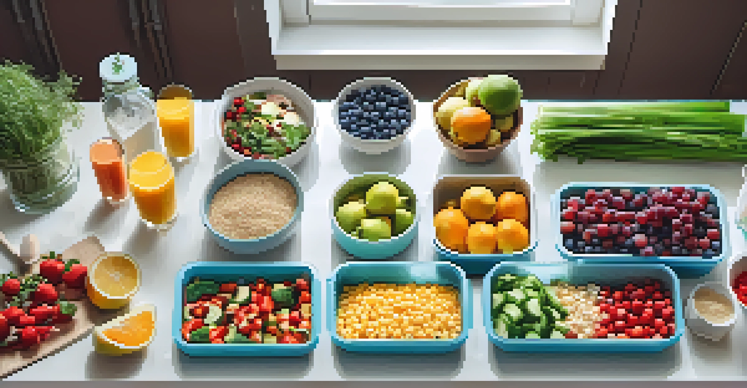 An overhead view of a colorful meal prep setup with fresh fruits, vegetables, and proteins arranged on a kitchen counter.