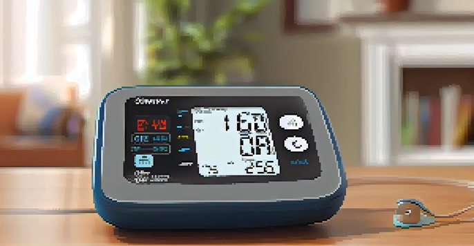 A digital blood pressure monitor showing a reading in a cozy living room with natural light.