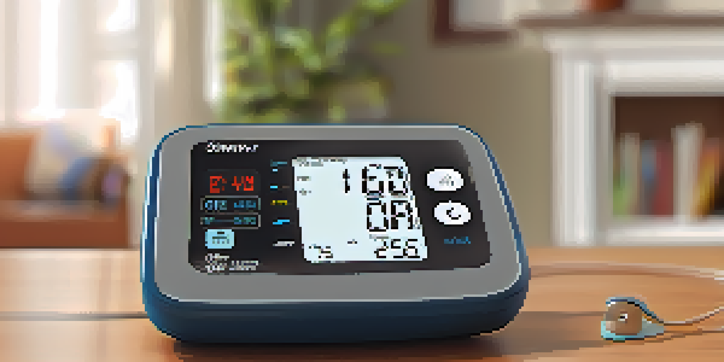 A digital blood pressure monitor showing a reading in a cozy living room with natural light.