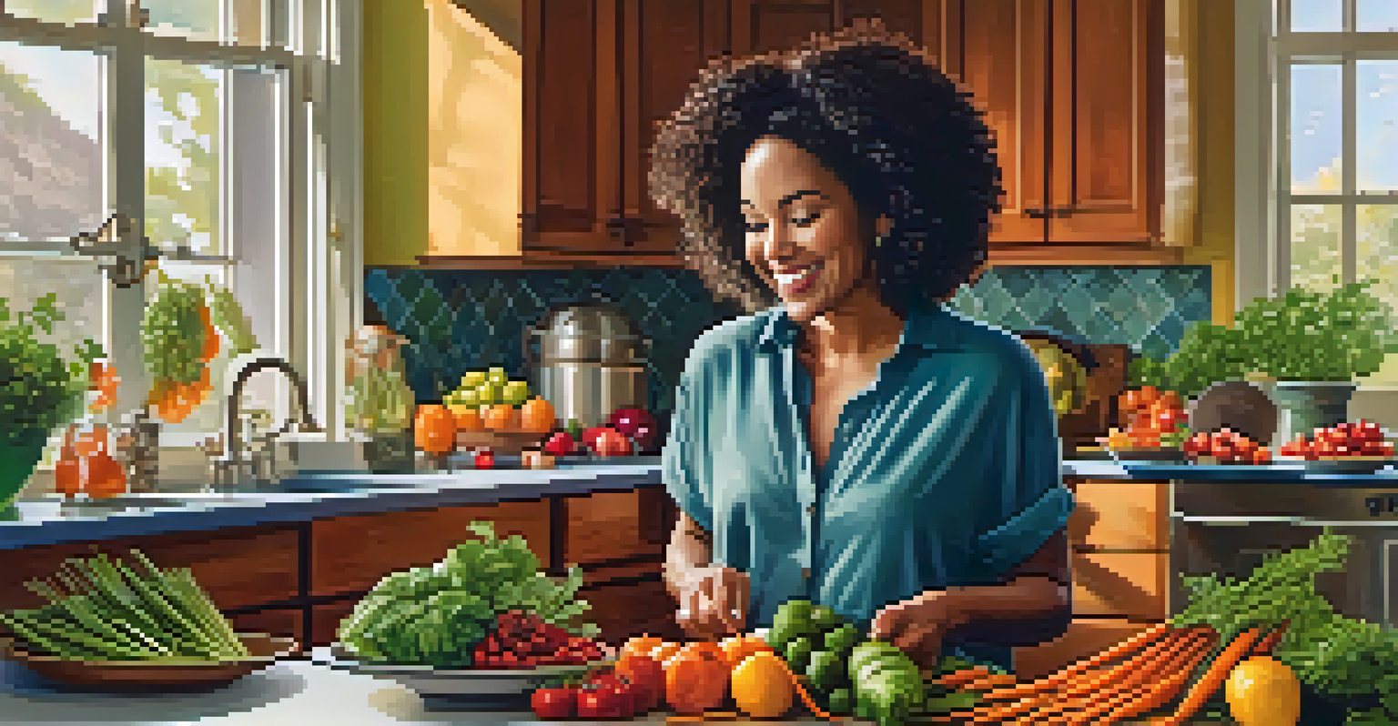 A woman smiling while preparing a healthy meal in a vibrant kitchen filled with colorful fruits and vegetables.