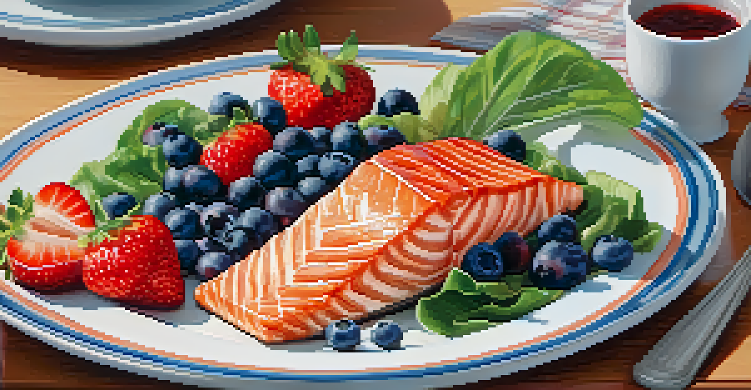 A plate filled with colorful fruits and greens alongside grilled salmon, set in a cheerful kitchen environment.