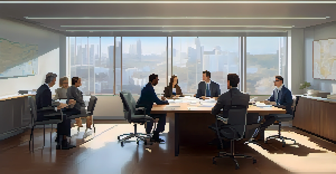 A diverse team in an office discussing crisis management strategies around a table, with charts and plans visible on the walls.