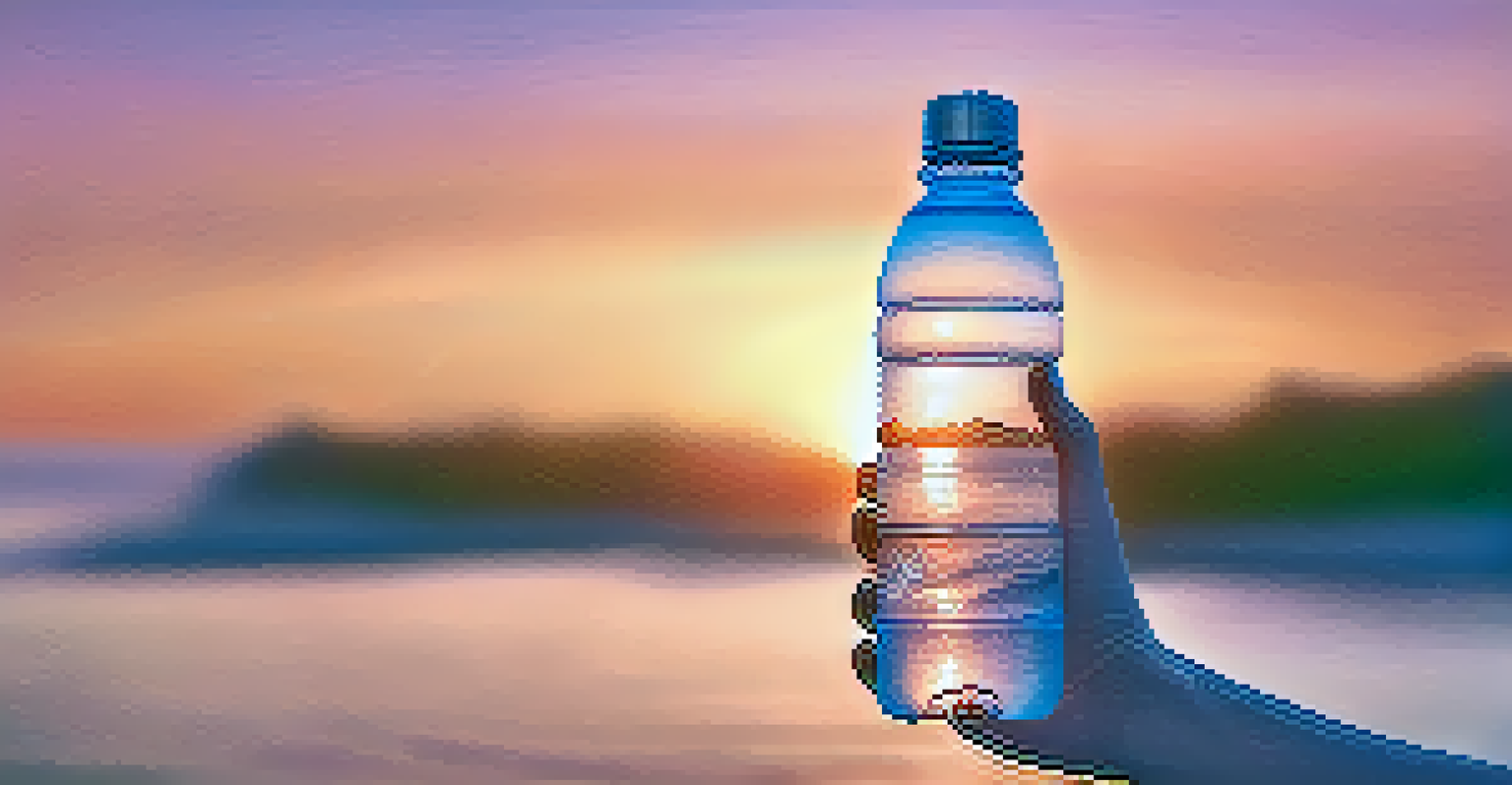 A close-up of a woman's hand holding a water bottle against a vibrant sunrise, representing health and motivation.